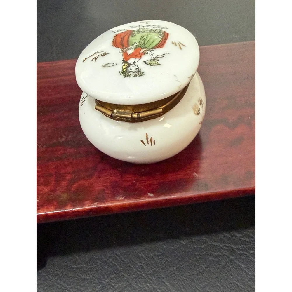 Japan Porcelain Hinged Trinket Box Hand Painted Victorian Crinoline Lady Fan VTG